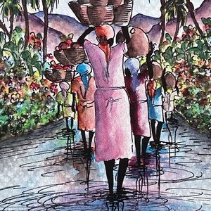 Martino Dorcé Haitian Artist Signed Water Color Women Carrying Baskets